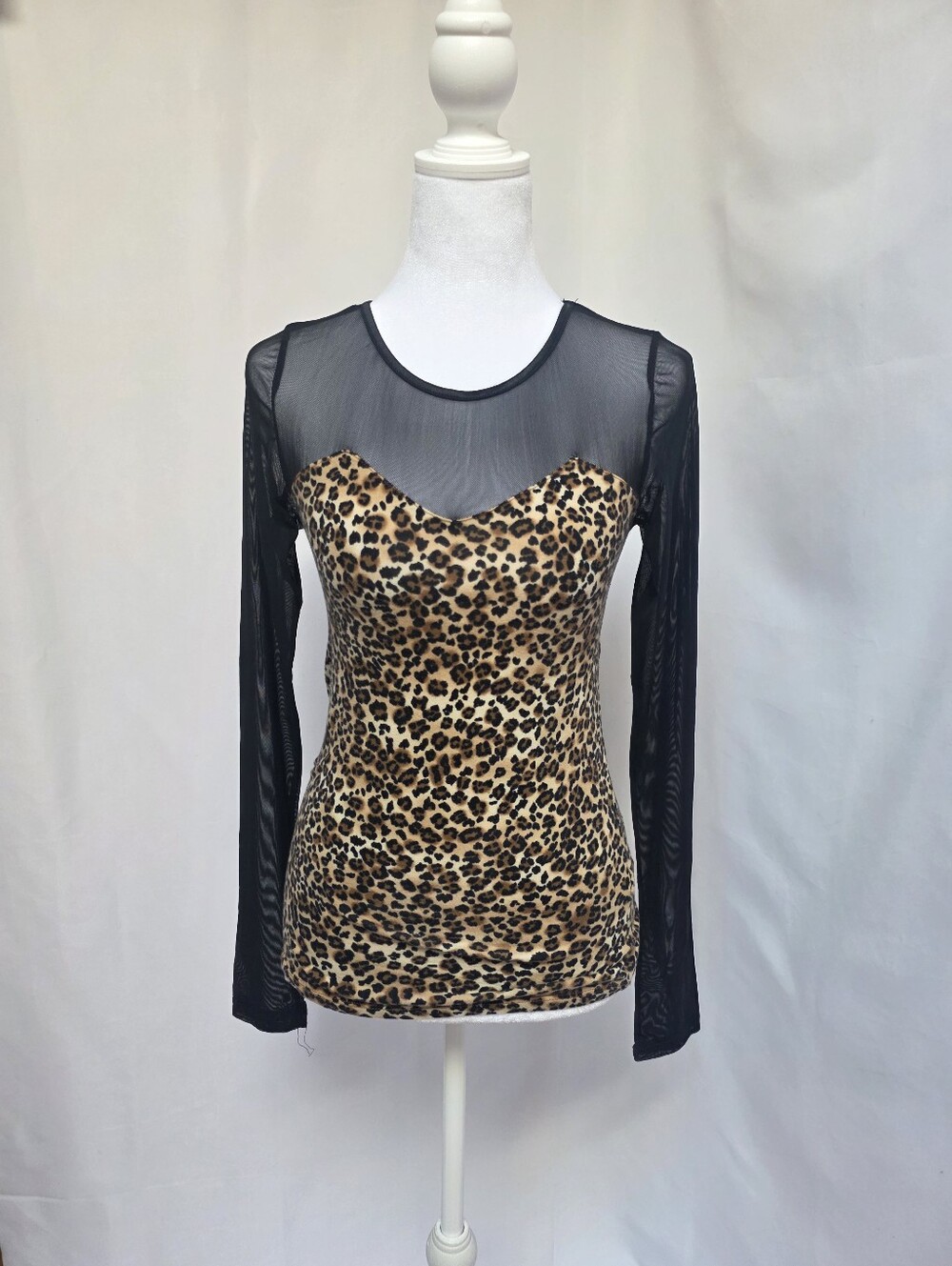 Heart & Hips Leopard Print Sweetheart Mesh Long Sleeve Top M Y2K